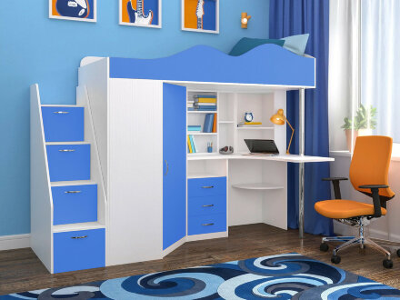 Кровать-чердак Пионер 1, Белое дерево/голубой 