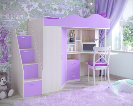 Кровать-чердак Пионер 1, Белое дерево/голубой 