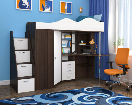 Кровать-чердак Пионер 1, Белое дерево/голубой 